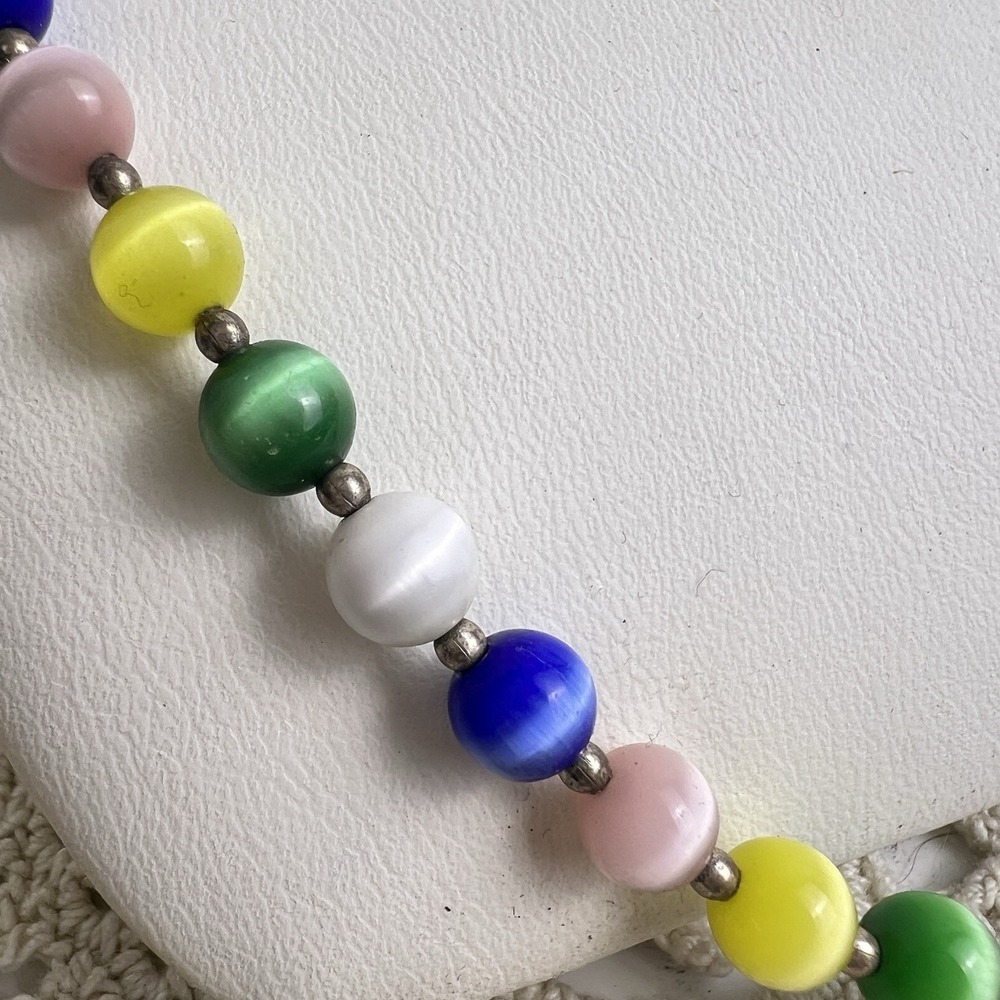 Vtg 90's Rainbow Moon Glow Cats Eye Beaded Choker Necklace .925 Sterling Silver - Picture 2 of 5